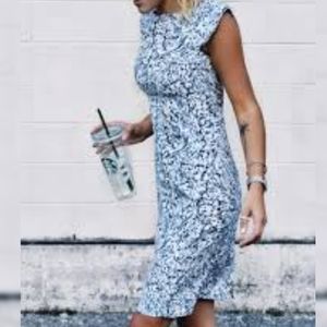 MM LAFLEUR Blue/Gray/Cream Capped Sleeve Midi Dress, size 8